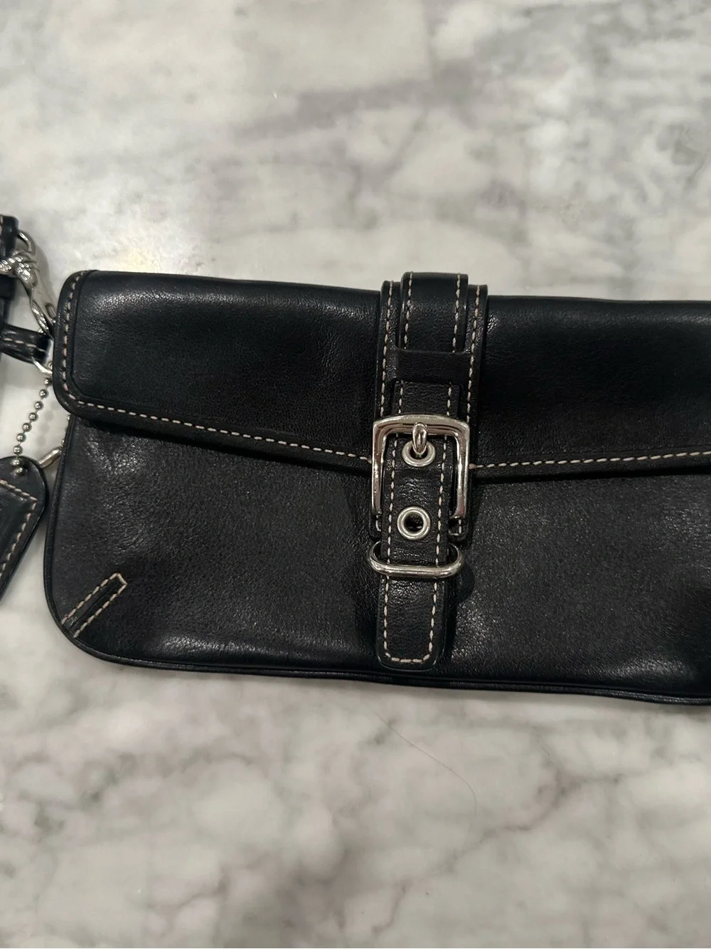 Coach Black Leather Mini Wristlet with Silver Buckle